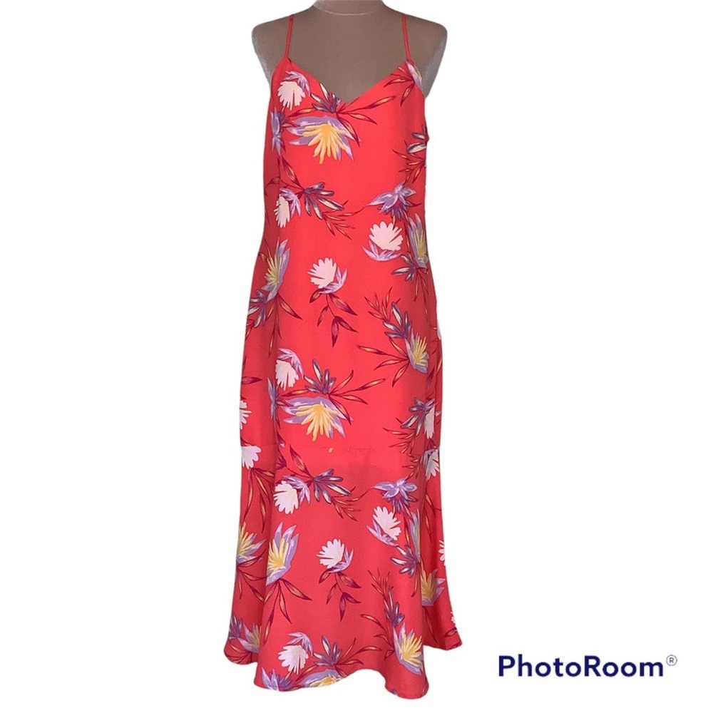 Lulus Quinlynn Coral Red Floral Print Midi Dress Trumpet Flounce Hem Loose Fit